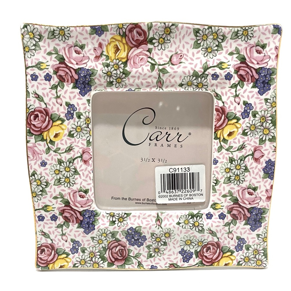 NOS Vintage Burnes of Boston Rose Chintz Pink Floral Ceramic Square Frame Dainty